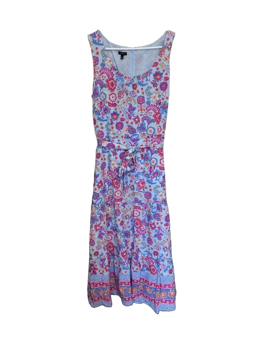 Talbots Sleeveless Floral Tie-Waist Maxi Dress - Blue & Pink 100 cotton